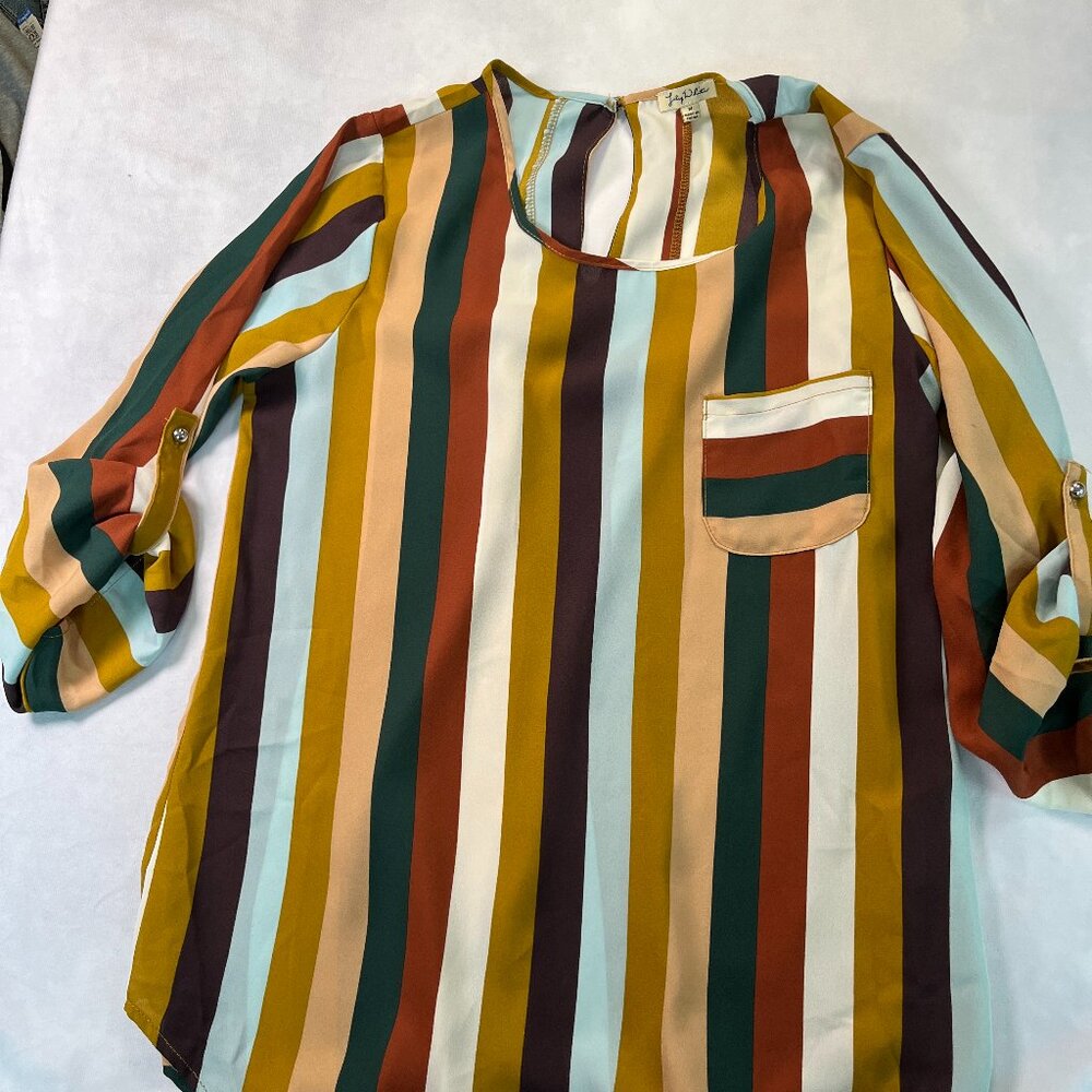 Lily White Earth Tone  Vertical Striped Roll Tab Blouse Size Medium - Picture 2 of 6